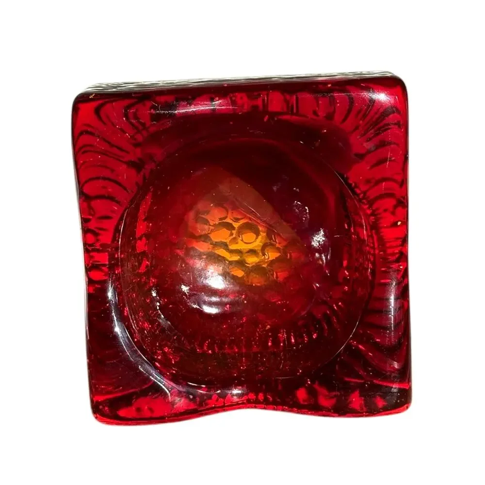 Vintage Amberina Glass Ashtray Heavy MCM Geometric Block 3.875